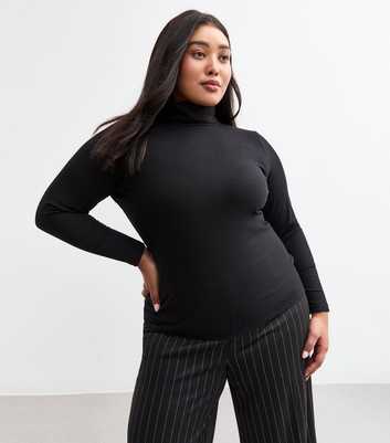 Curves Black Fine Rib Roll Neck Top