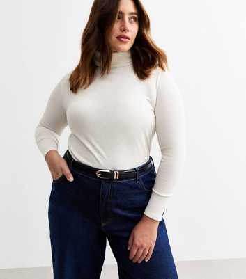 Curves Cream Fine Rib Roll Neck Top