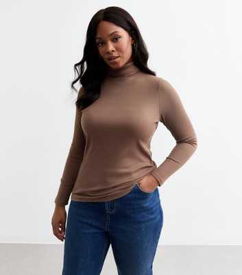 Curves Brown Fine Rib Roll Neck Top