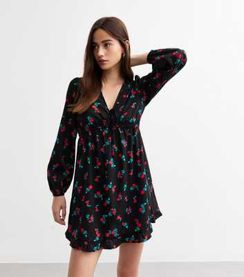 Black Rose Print V-Neck Ruffle Mini Dress