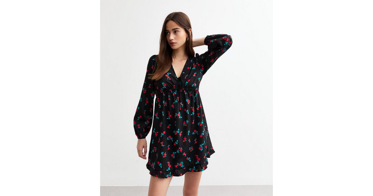 Pinstripe Romance V-Neck Ruffle Sleeve Dress in Black