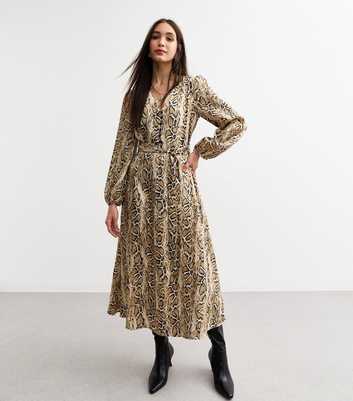 Brown Woven Snake Print Midi Dress