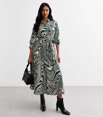 Green Swirl Pattern Belted Satin Shirt Dress