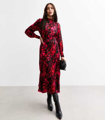 Red Blur Print Satin Midi Dress