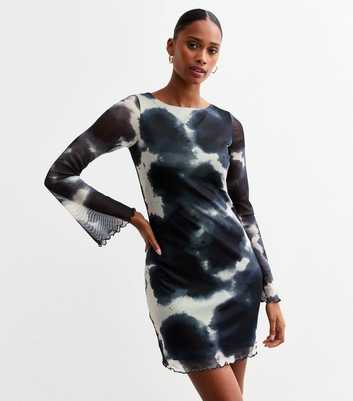 Blue Abstract Print Mesh Micro Mini Dress