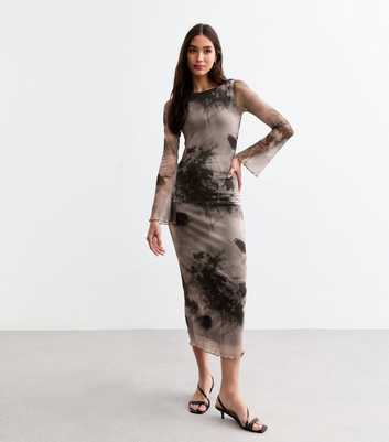 Grey Abstract Print Mesh Flared Sleeve Midi Dress