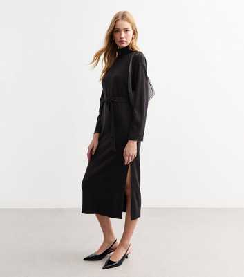 Black Soft Touch Roll Neck Long Sleeve Jersey Midi Dress