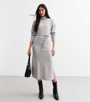 Grey Soft Touch Roll Neck Long Sleeve Jersey Midi Dress