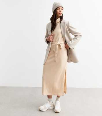  Cream Soft Touch Roll Neck Long Sleeve Jersey Midi Dress