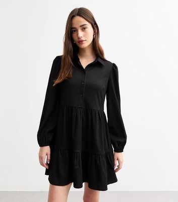 Black Crinkle Smock Shirt Dress