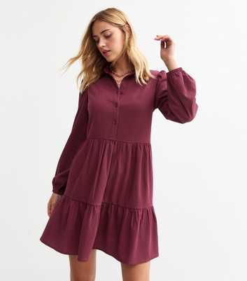 Burgundy Crinkle Smock Shirt Dress