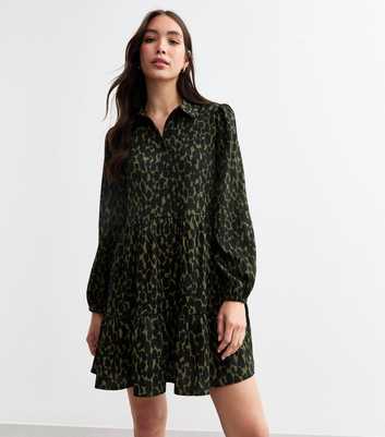 Green Leopard Print Crinkled Mini Smock Dress