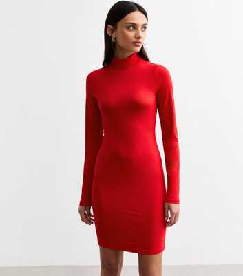 Red Jersey Roll Neck Mini Dress