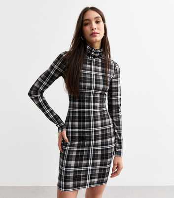 Black Check Stand Collar Jersey Mini Dress