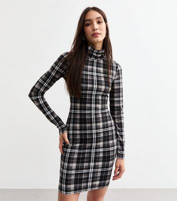 Black Check Stand Collar Jersey Mini Dress | New Look