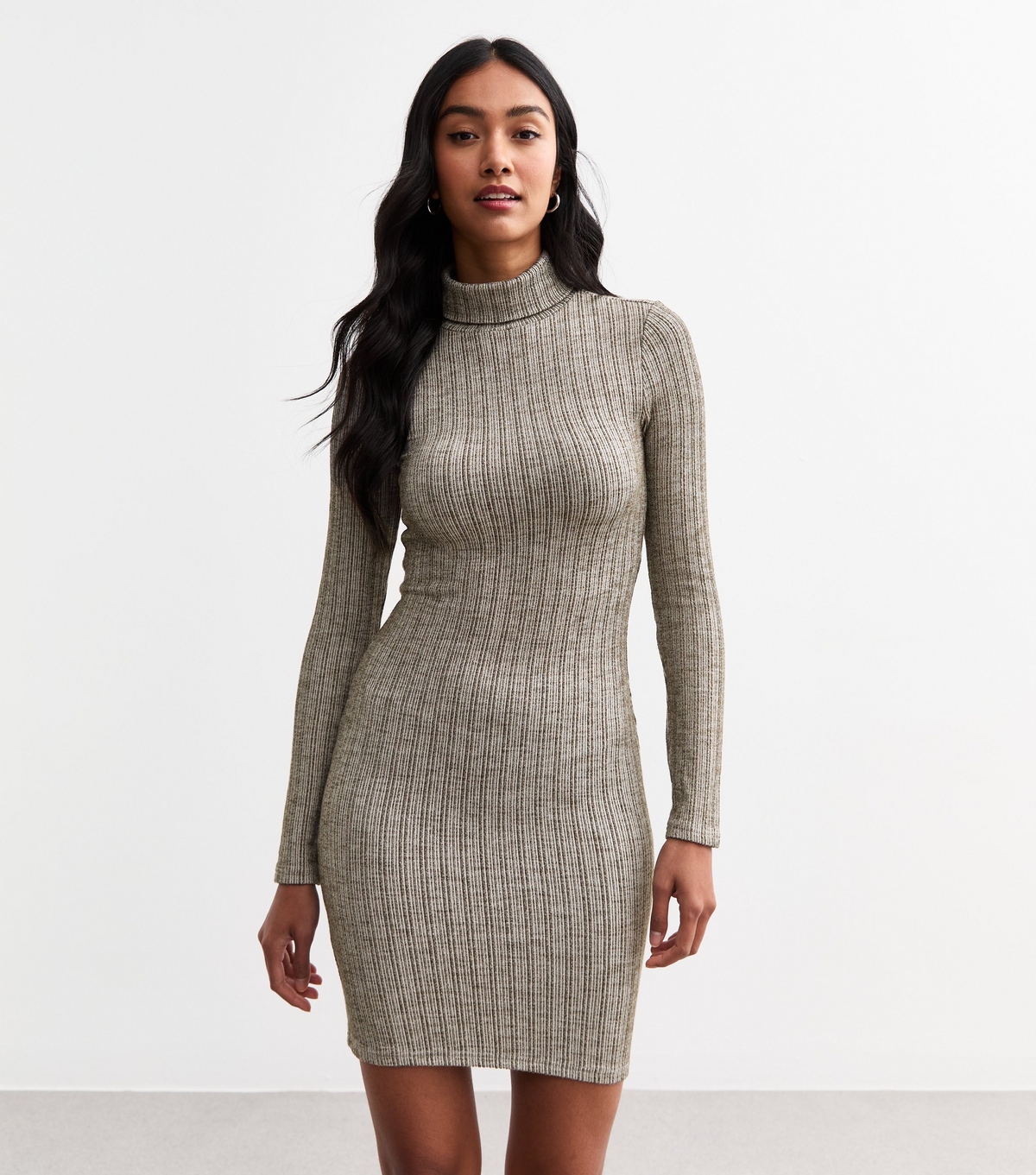 Women's Dark Grey Fine Rib Knit Roll Neck Mini Dress New Look