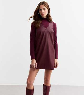 Burgundy Faux Leather V Neck Mini Pinafore Dress