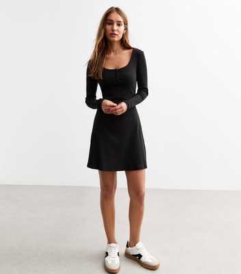 Black Rib Cotton Button Front Mini Dress