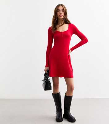 Red Rib Cotton Button Front Mini Dress