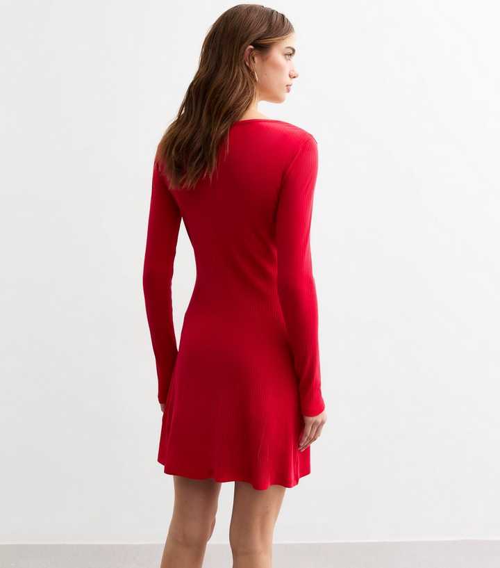 Red Rib Cotton Button Front Mini Dress | New Look