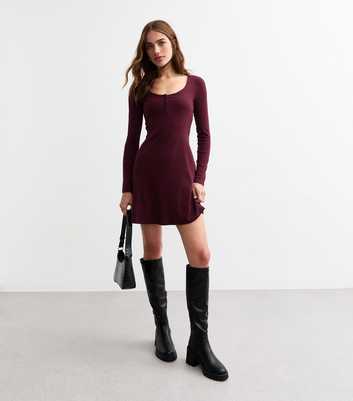 Burgundy Rib Cotton Button Front Mini Dress