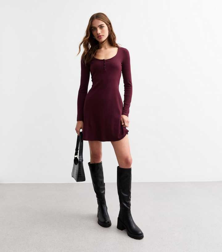 Burgundy Rib Cotton Button Front Mini Dress | New Look