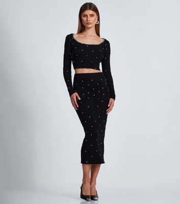 QUIZ Black Diamante Embellished Ribbed Midi Skirt