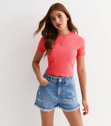 Girl's Short Sleeved Blouse Coral Ribbed