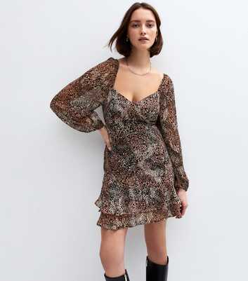 Brown Leopard Print Sweetheart Neck Chiffon Mini Dress