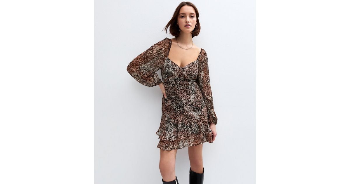 Brown Leopard Print Sweetheart Neck Chiffon Mini Dress New Look
