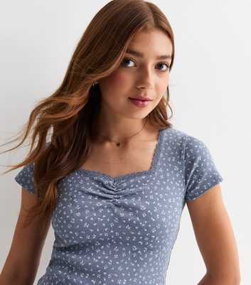 Girls Blue Floral Print Square Neck T-Shirt