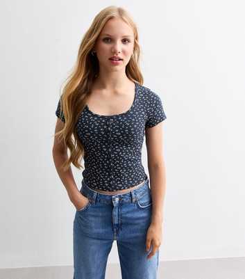 Blue Floral Button Through Scoop Neck Top