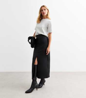 Black Denim Coated Faux Leather Split Front Midaxi Skirt