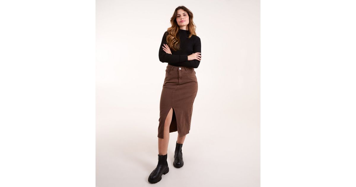 Blue Vanilla Brown Acid Wash Denim Midi Skirt New Look