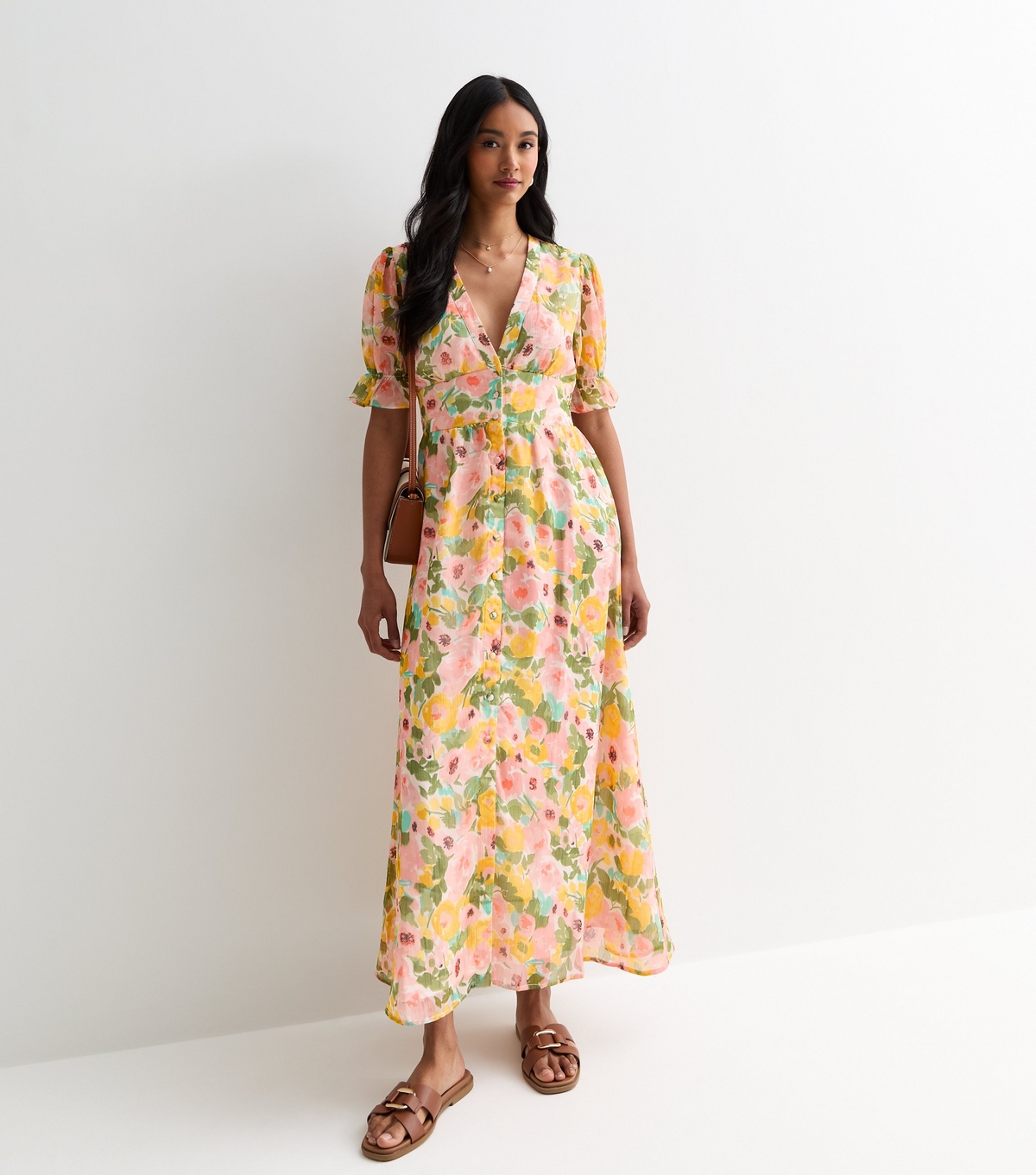 Women's Pink Puff-Sleeve Midi Dress Cutie London New Look
