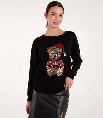 Blue Vanilla Black Sequin Teddy Bear Christmas Jumper