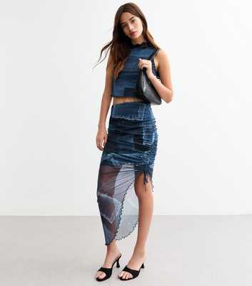 Blue Mesh Patchwork Denim Print Asymmetric Midi Skirt