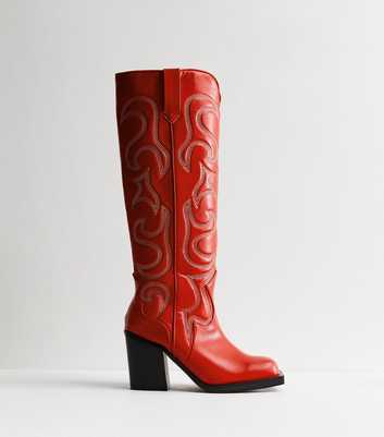 Public Desire Austine Red Leather-Look Embroidered Knee High Cowboy Boots