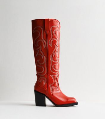 Public Desire Austine Red Leather Look Embroidered Knee High Cowboy Boots New Look