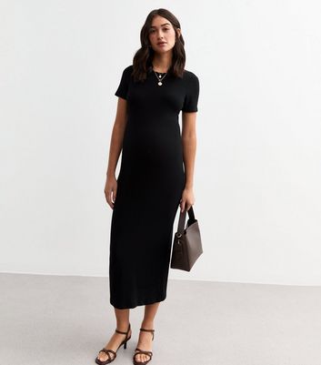 Maternity Black Short Sleeved Ribbed Jersey Midi Dress New Look