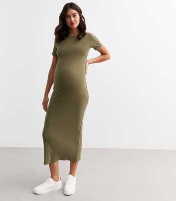 Maternity Khaki Short Sleeved Ribbed Jersey Midi Dress