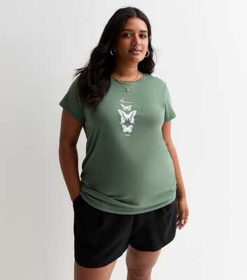 Curves Green Butterfly-Print Cotton T-Shirt 