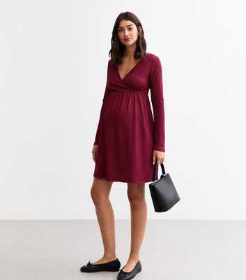 Maternity Burgundy Crinkle Long Sleeve Dress