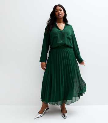 Curves Dark Green Pleated Chiffon Midi Skirt