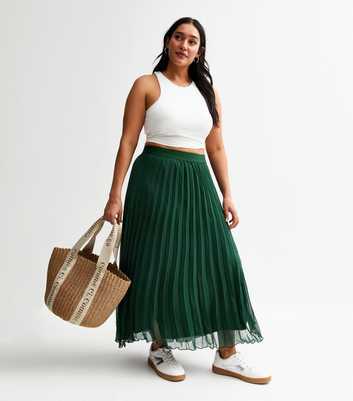 Curves Dark Green Pleated Chiffon Midi Skirt