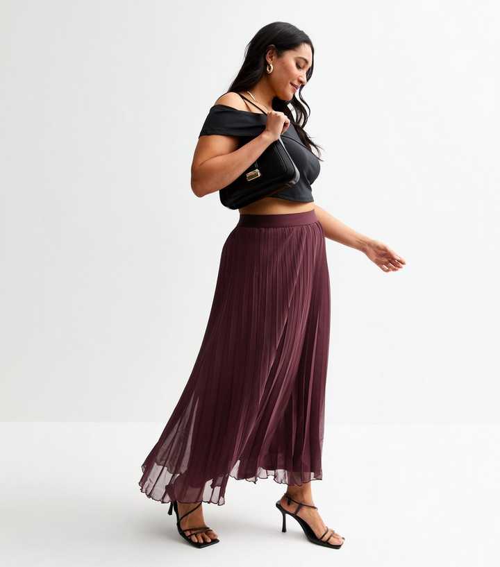 Curves Burgundy Pleated Chiffon Midi Skirt