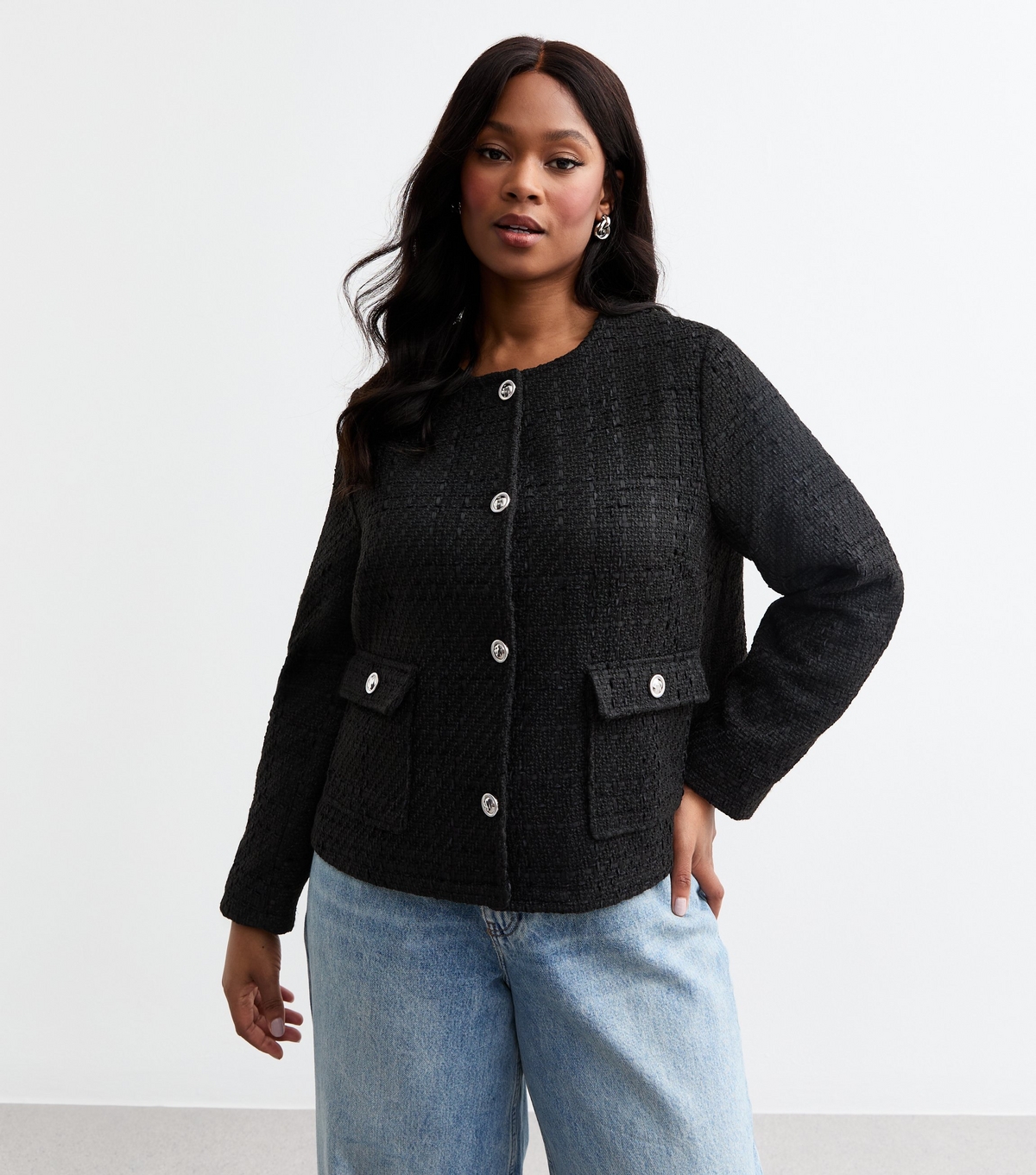 Women's Plus Size Black Bouclè Cropped Jacket Curves New Look