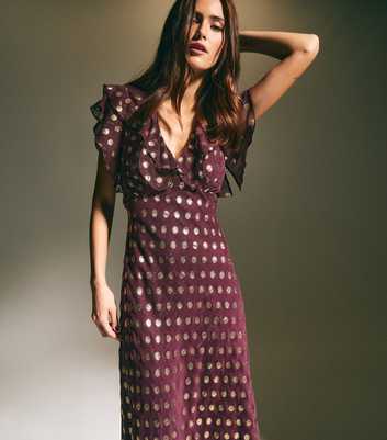 Burgundy Foil Polka Dot Chiffon Maxi Dress