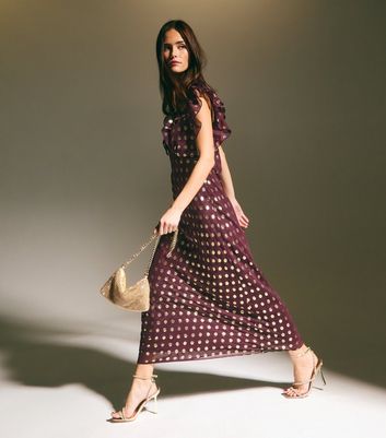 Burgundy Foil Polka Dot Chiffon Maxi Dress New Look