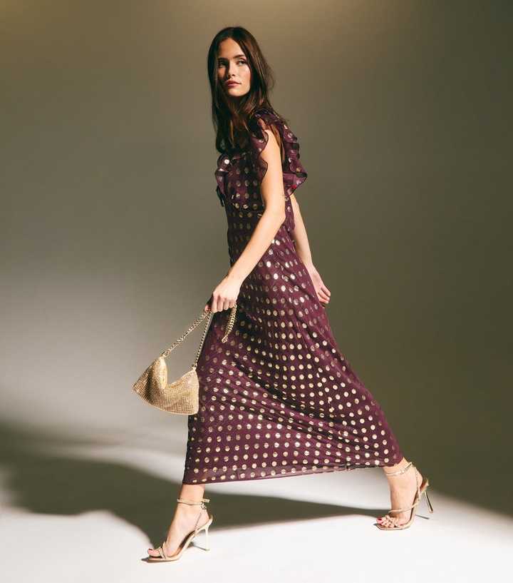 Burgundy Foil Polka Dot Chiffon Maxi Dress | New Look Burgundy Foil Polka Dot Chiffon Maxi Dress | New Look